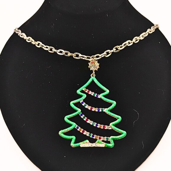 Silver Tone Rhinestone Christmas Tree Pendant Necklace Long Holiday Festive Glam - Picture 1 of 6